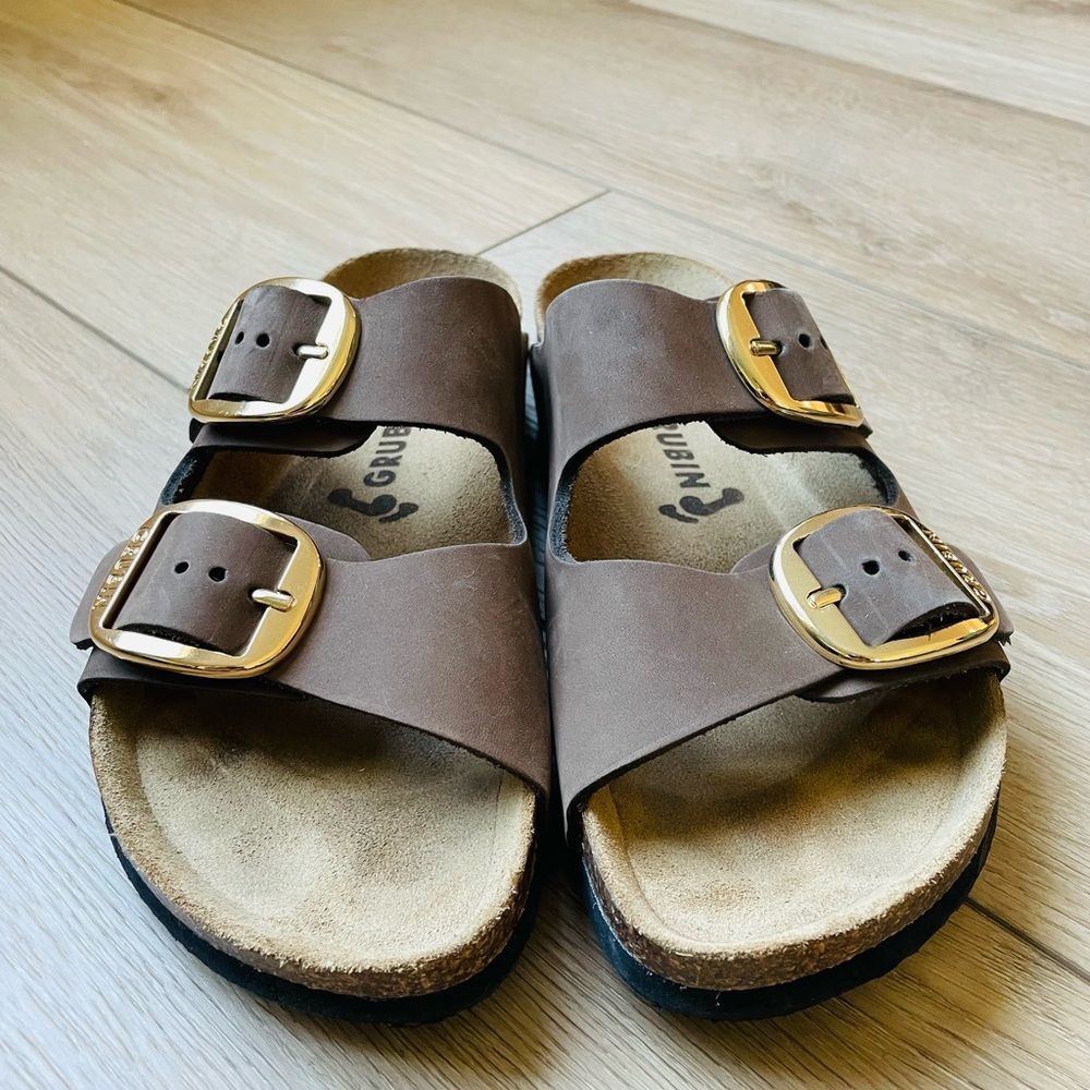 Grubin Brown Leather Sandals with Gold Buckles - Picture 4 of 5